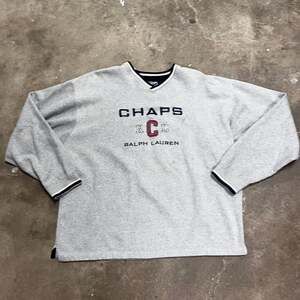 Vintage 90s Chaps Ralph Lauren Gray V-Neck Sweatshirt spell out Logo large